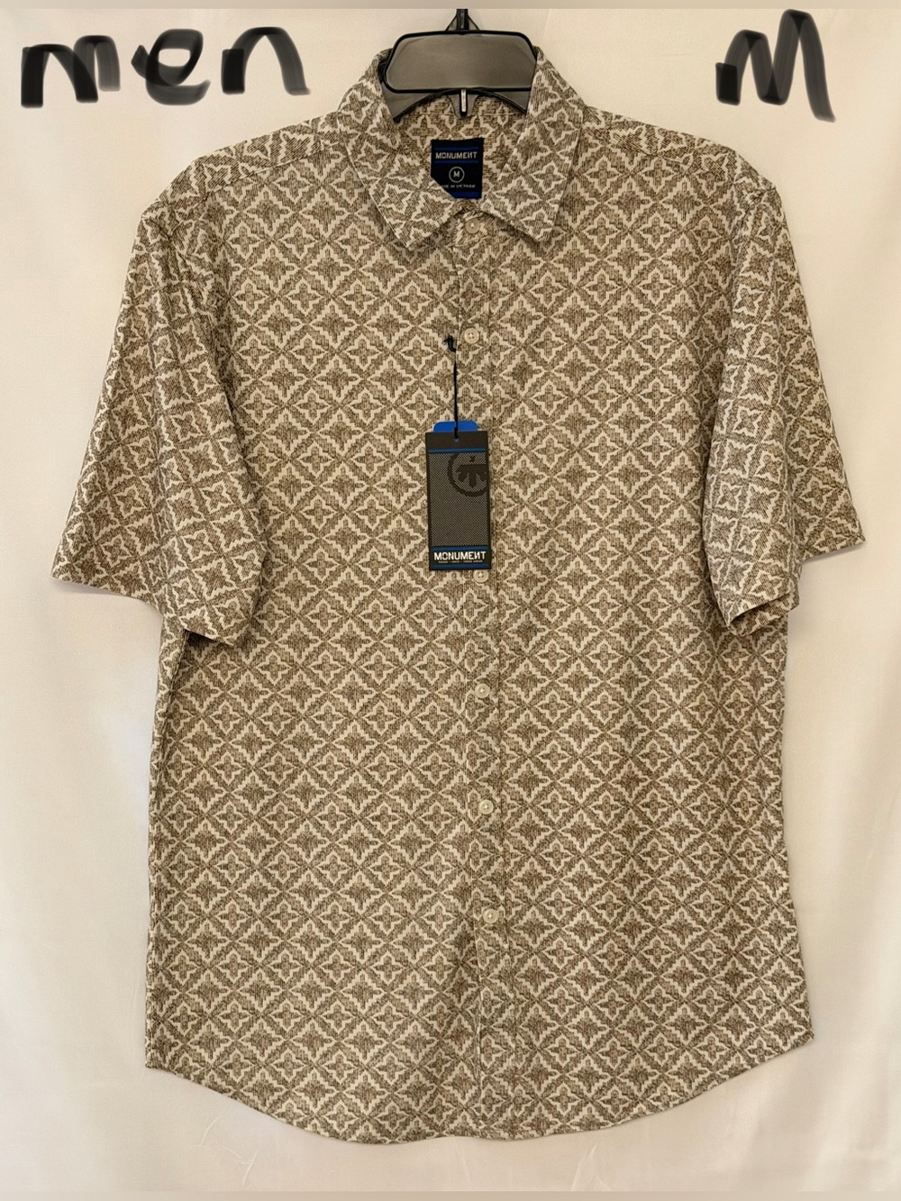 Monument Men's Short-Sleeve Button-Down Shirt in Tan Geometric Print